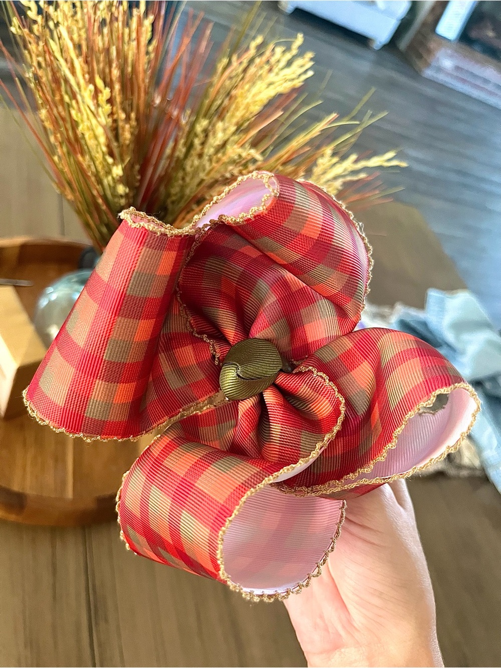 Plaid Red Bow Hair Clip with Gold Trim